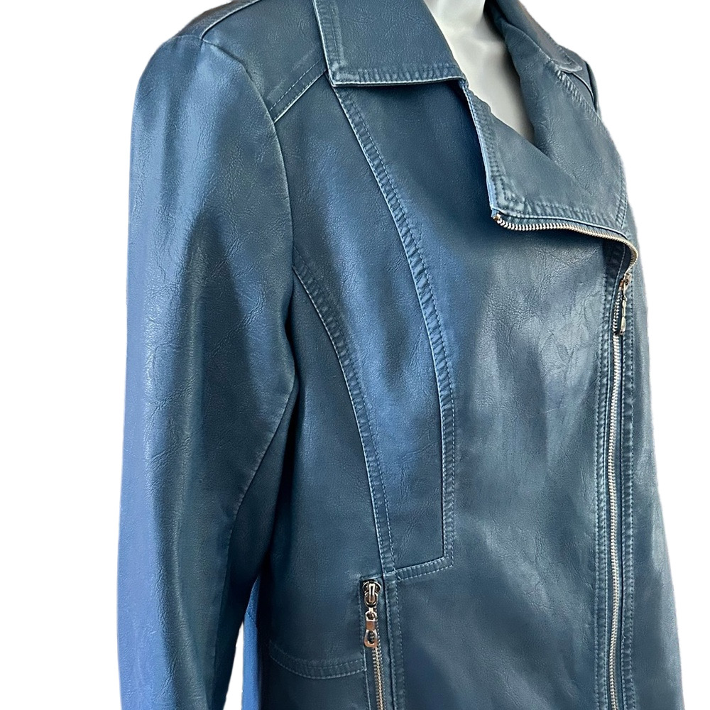 CLEO Blue Vegan Leather Moto Cut Jacket S - Picture 5 of 11
